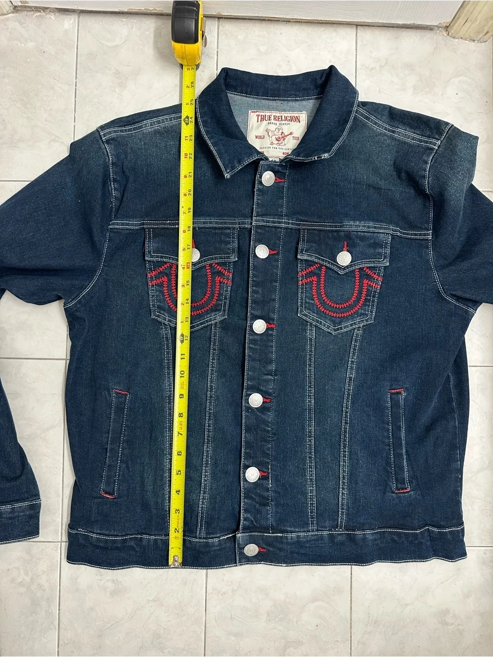 True Religion Denim Jacket Red Ladder Stitch Men’s siz M Dark Wash MSRP $184 New